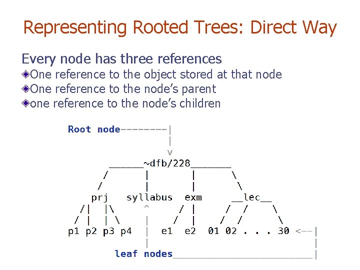 Representing Rooted Trees: Direct Way Every node has three references One reference to the