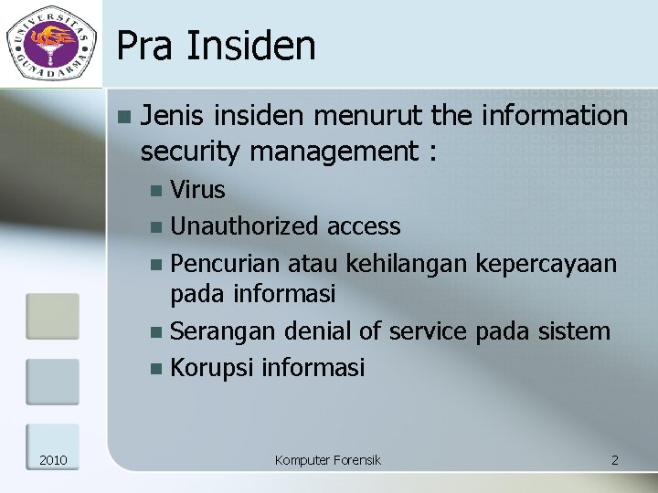 Pra Insiden n Jenis insiden menurut the information security management : Virus n Unauthorized