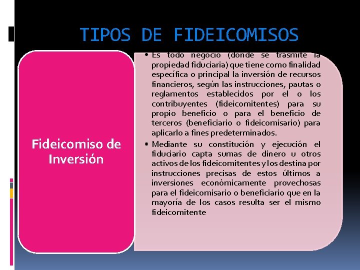 TIPOS DE FIDEICOMISOS Fideicomiso de Inversión • Es todo negocio (donde se trasmite la TIPOS DE FIDEICOMISOS Fideicomiso de Inversión • Es todo negocio (donde se trasmite la