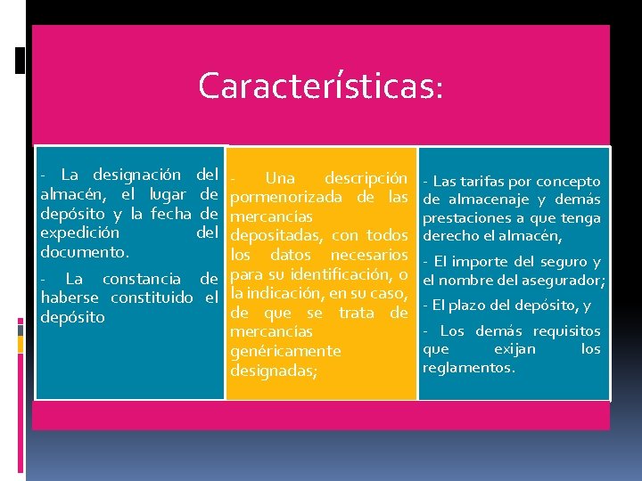 Características: - La designación del almacén, el lugar de depósito y la fecha de Características: - La designación del almacén, el lugar de depósito y la fecha de