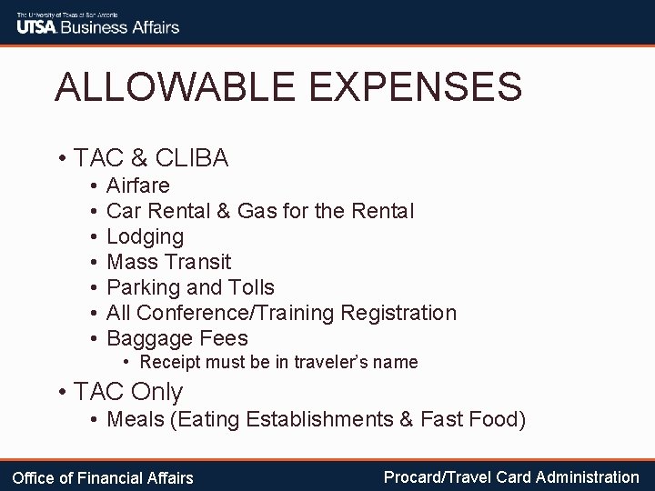 ALLOWABLE EXPENSES • TAC & CLIBA • • Airfare Car Rental & Gas for