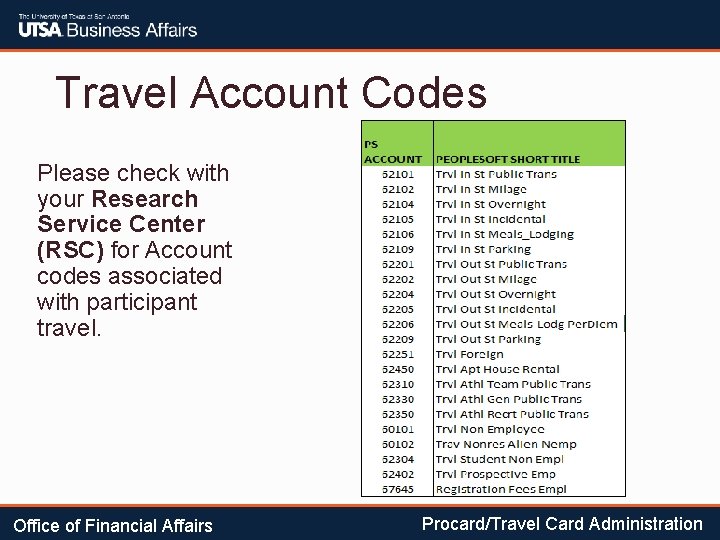 Travel Account Codes Please check with your Research Service Center (RSC) for Account codes