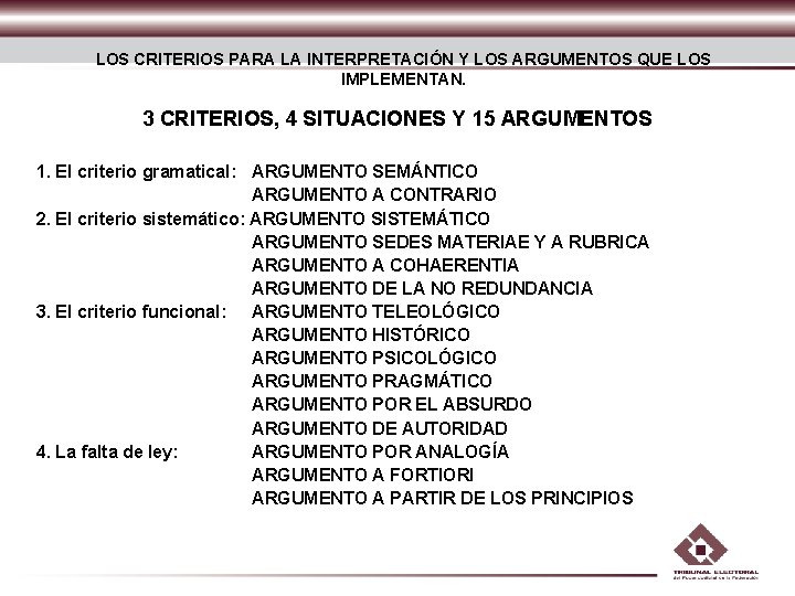 LOS CRITERIOS PARA LA INTERPRETACIÓN Y LOS ARGUMENTOS QUE LOS IMPLEMENTAN. 3 CRITERIOS, 4 LOS CRITERIOS PARA LA INTERPRETACIÓN Y LOS ARGUMENTOS QUE LOS IMPLEMENTAN. 3 CRITERIOS, 4