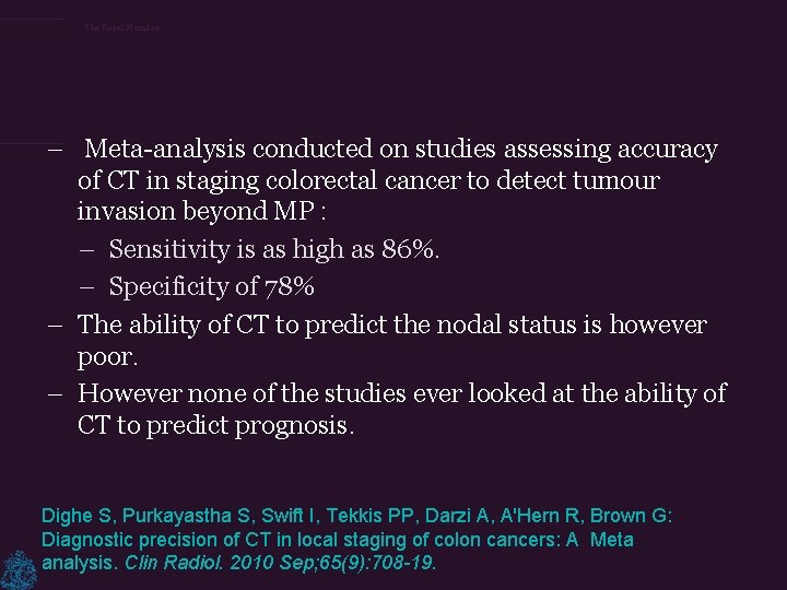 The Royal Marsden – Meta-analysis conducted on studies assessing accuracy of CT in staging