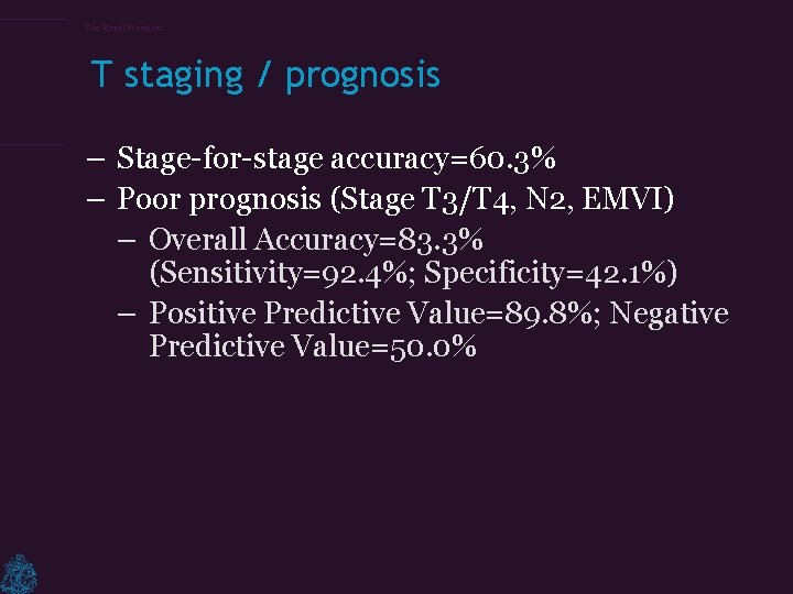 The Royal Marsden T staging / prognosis – Stage-for-stage accuracy=60. 3% – Poor prognosis