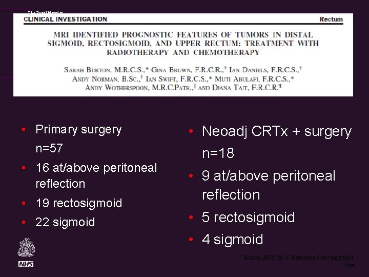 The Royal Marsden • Primary surgery n=57 • 16 at/above peritoneal reflection • 19