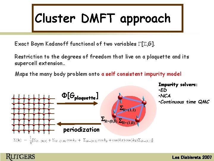 Cluster DMFT approach Exact Baym Kadanoff functional of two variables G[S, G]. Restriction to