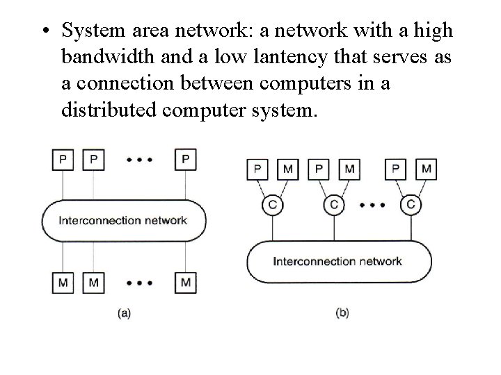  • System area network: a network with a high bandwidth and a low