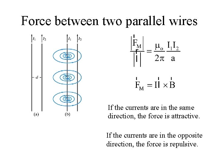 Force between two parallel wires If the currents are in the same direction, the