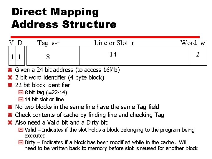 Direct Mapping Address Structure V D Tag s-r Line or Slot r 1 1
