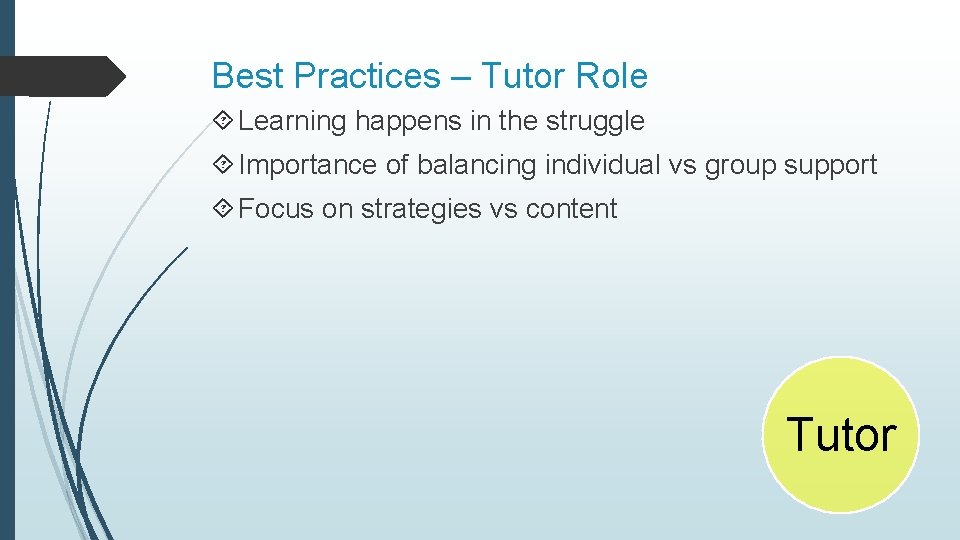 Best Practices – Tutor Role Learning happens in the struggle Importance of balancing individual
