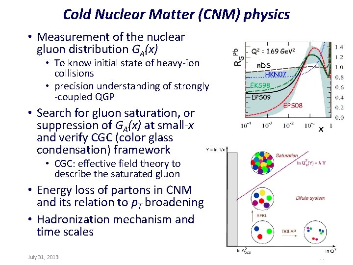 Cold Nuclear Matter (CNM) physics • Measurement of the nuclear gluon distribution GA(x) •