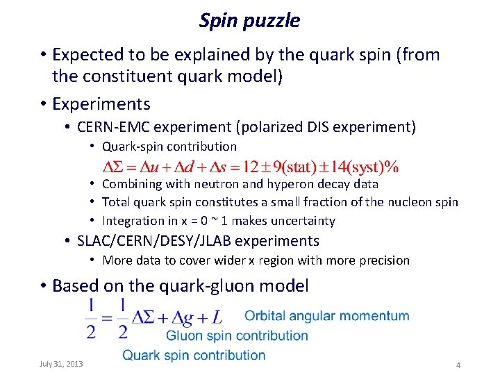 Spin puzzle • Expected to be explained by the quark spin (from the constituent