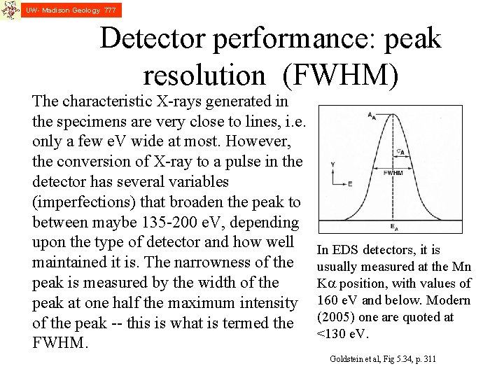 UW- Madison Geology 777 Detector performance: peak resolution (FWHM) The characteristic X-rays generated in
