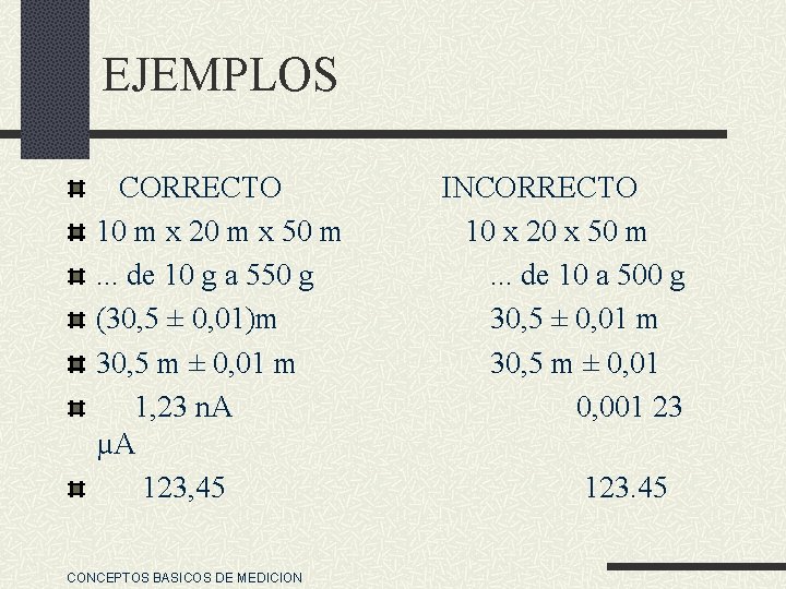 EJEMPLOS CORRECTO 10 m x 20 m x 50 m. . . de 10