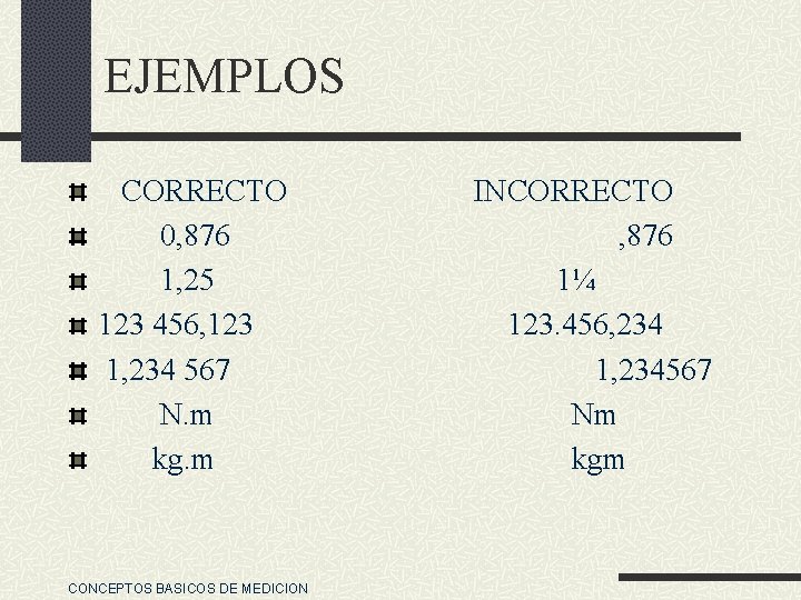EJEMPLOS CORRECTO 0, 876 1, 25 123 456, 123 1, 234 567 N. m