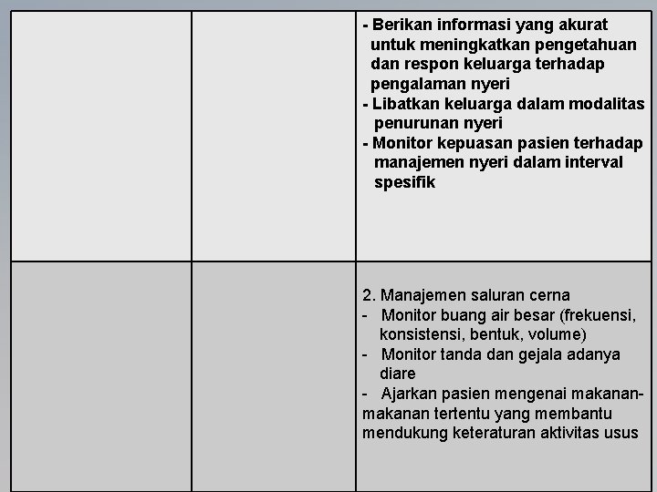 - Berikan informasi yang akurat untuk meningkatkan pengetahuan dan respon keluarga terhadap pengalaman nyeri