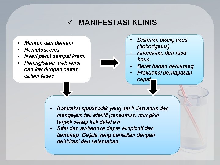 ü MANIFESTASI KLINIS • • Muntah dan demam Hematosechia Nyeri perut sampai kram. Peningkatan