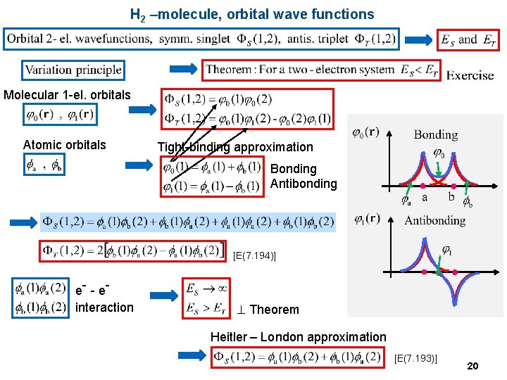 H 2 –molecule, orbital wave functions Molecular 1 -el. orbitals Atomic orbitals Tight-binding approximation