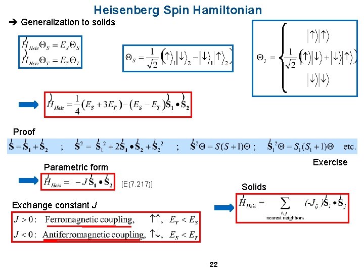 Heisenberg Spin Hamiltonian Generalization to solids Proof Exercise Parametric form [E(7. 217)] Solids Exchange