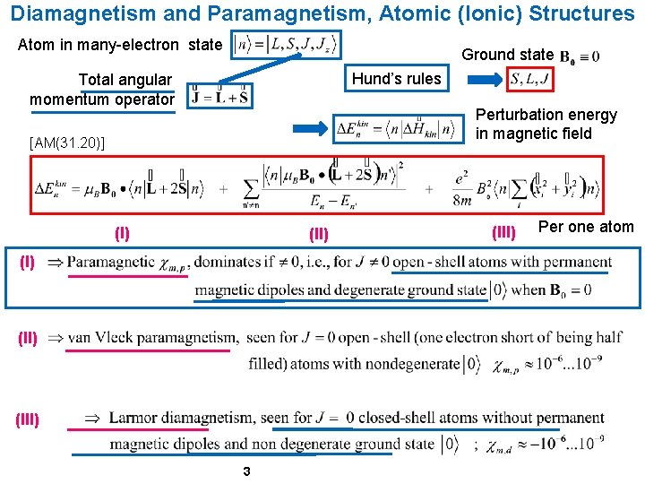 Diamagnetism and Paramagnetism, Atomic (Ionic) Structures Atom in many-electron state Ground state Hund’s rules