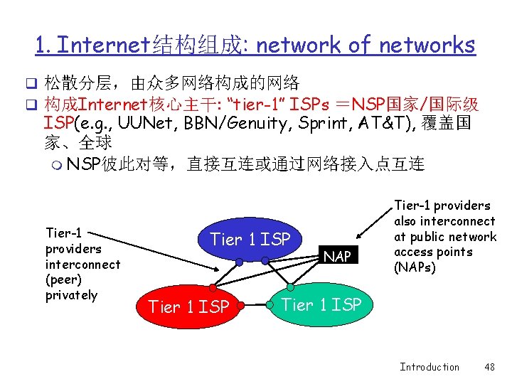 1. Internet结构组成: network of networks q 松散分层，由众多网络构成的网络 q 构成Internet核心主干: “tier-1” ISPs ＝NSP国家/国际级 ISP(e. g.
