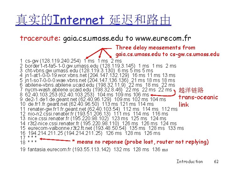 真实的Internet 延迟和路由 traceroute: gaia. cs. umass. edu to www. eurecom. fr Three delay measements