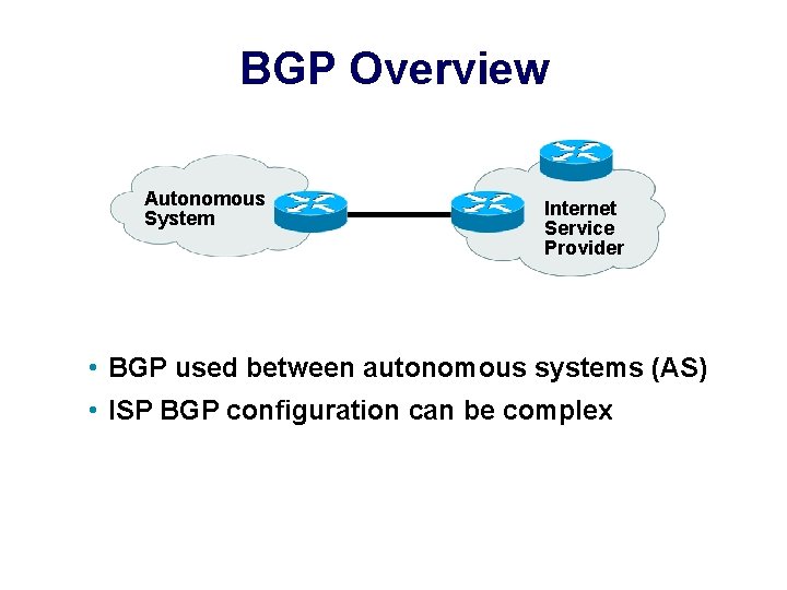 BGP Overview Autonomous System Internet Service Provider • BGP used between autonomous systems (AS)