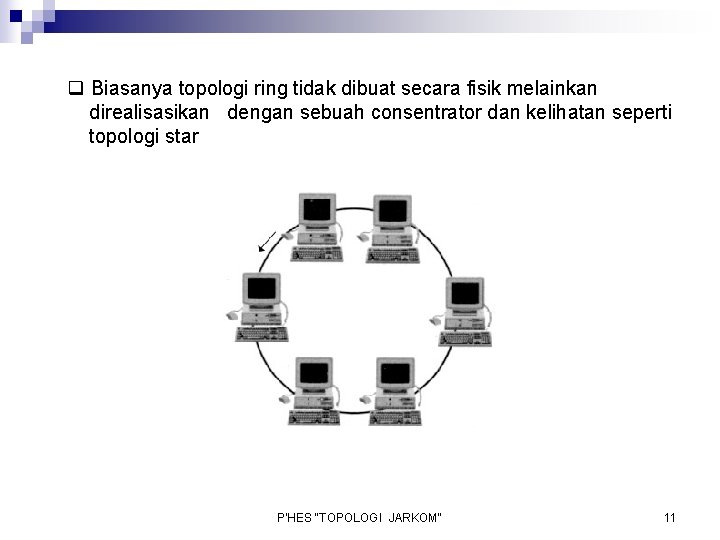 q Biasanya topologi ring tidak dibuat secara fisik melainkan direalisasikan dengan sebuah consentrator dan