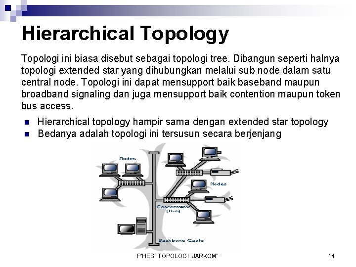 Hierarchical Topology Topologi ini biasa disebut sebagai topologi tree. Dibangun seperti halnya topologi extended