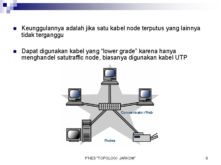 n Keunggulannya adalah jika satu kabel node terputus yang lainnya tidak terganggu n Dapat