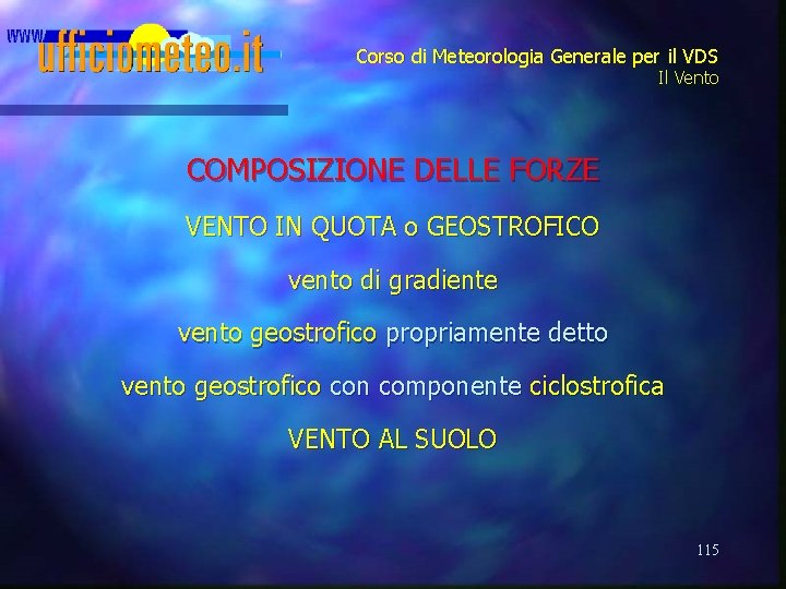 Corso di Meteorologia Generale per il VDS Il Vento COMPOSIZIONE DELLE FORZE VENTO IN