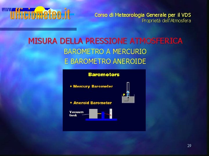 Corso di Meteorologia Generale per il VDS Proprietà dell’Atmosfera MISURA DELLA PRESSIONE ATMOSFERICA BAROMETRO