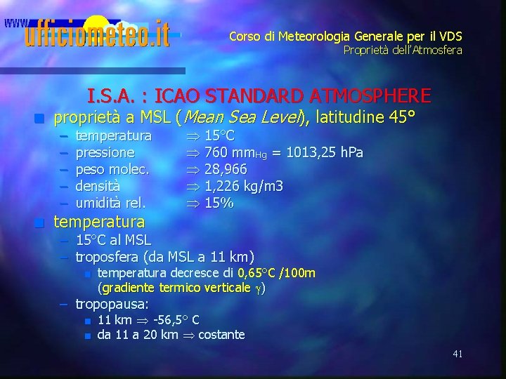 Corso di Meteorologia Generale per il VDS Proprietà dell’Atmosfera I. S. A. : ICAO