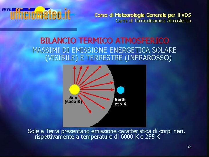 Corso di Meteorologia Generale per il VDS Cenni di Termodinamica Atmosferica BILANCIO TERMICO ATMOSFERICO