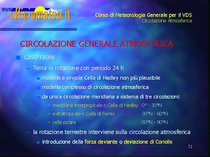 Corso di Meteorologia Generale per il VDS Circolazione Atmosferica CIRCOLAZIONE GENERALE ATMOSFERICA n caso