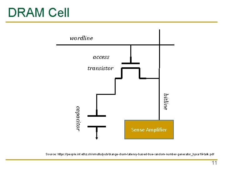 DRAM Cell wordline access transistor bitline capacitor Sense Amplifier Source: https: //people. inf. ethz.