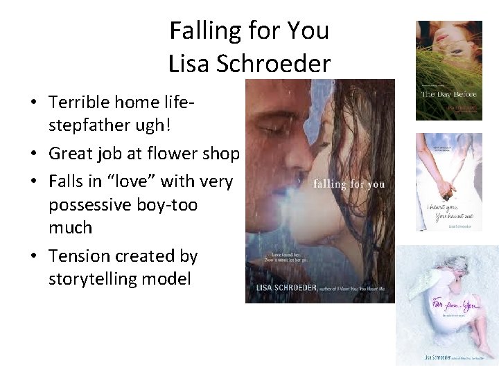 Falling for You Lisa Schroeder • Terrible home lifestepfather ugh! • Great job at