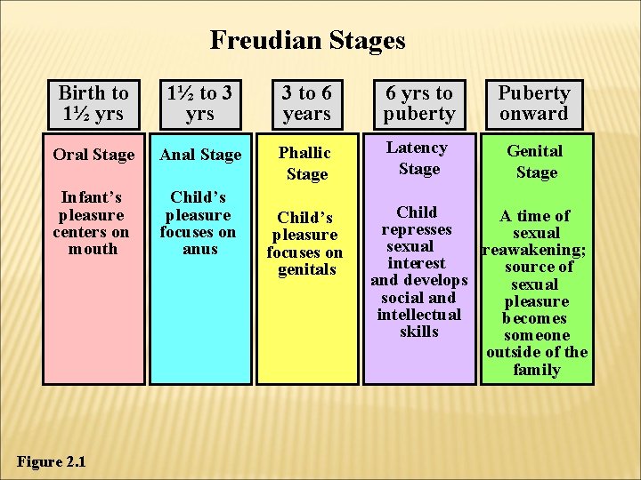 Freudian Stages Birth to 1½ yrs 1½ to 3 yrs 3 to 6 years