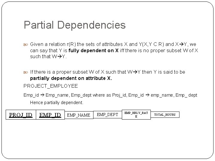 Partial Dependencies Given a relation r(R) the sets of attributes X and Y(X, Y