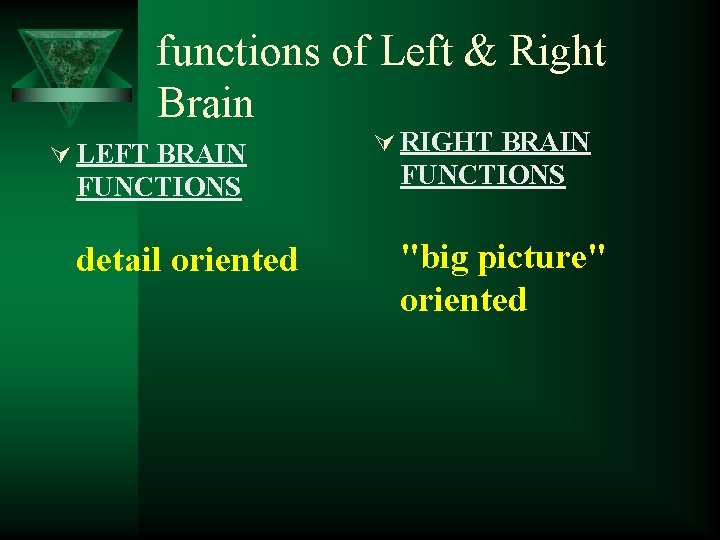 functions of Left & Right Brain Ú LEFT BRAIN FUNCTIONS detail oriented Ú RIGHT