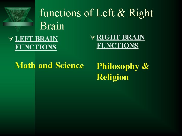 functions of Left & Right Brain Ú LEFT BRAIN Ú RIGHT BRAIN FUNCTIONS Math