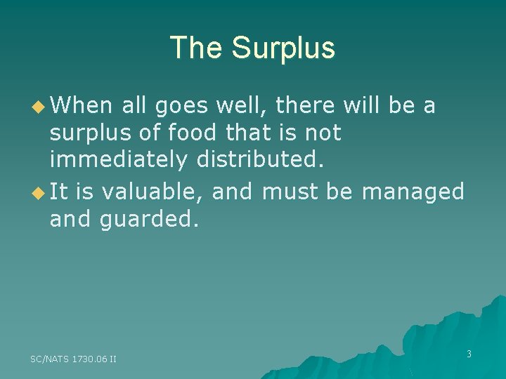 The Surplus u When all goes well, there will be a surplus of food