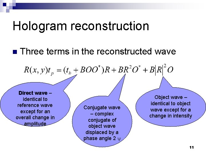 Hologram reconstruction n Three terms in the reconstructed wave Direct wave – identical to Hologram reconstruction n Three terms in the reconstructed wave Direct wave – identical to