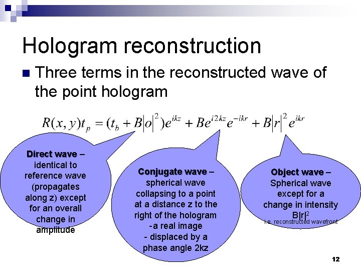 Hologram reconstruction n Three terms in the reconstructed wave of the point hologram Direct Hologram reconstruction n Three terms in the reconstructed wave of the point hologram Direct
