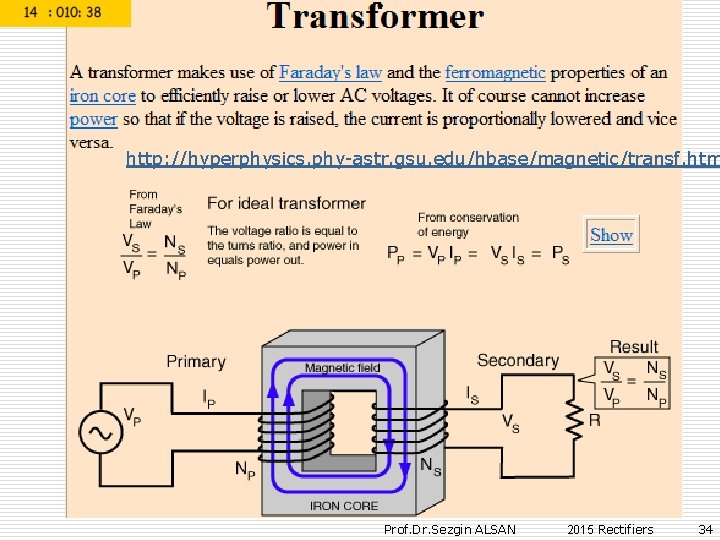 http: //hyperphysics. phy-astr. gsu. edu/hbase/magnetic/transf. htm Prof. Dr. Sezgin ALSAN 2015 Rectifiers 34 