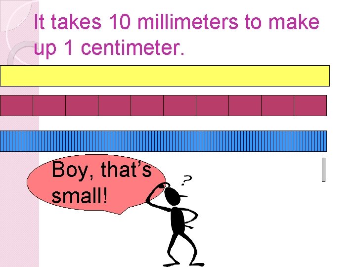 It takes 10 millimeters to make up 1 centimeter. Boy, that’s small! 