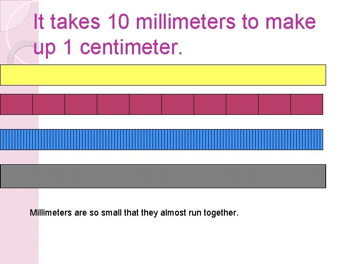 It takes 10 millimeters to make up 1 centimeter. Millimeters are so small that