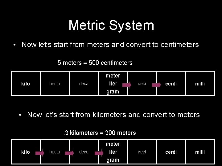 Metric System • Now let’s start from meters and convert to centimeters 5 meters