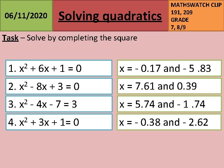 06/11/2020 Solving quadratics MATHSWATCH CLIP 191, 209 GRADE 7, 8/9 Task – Solve by